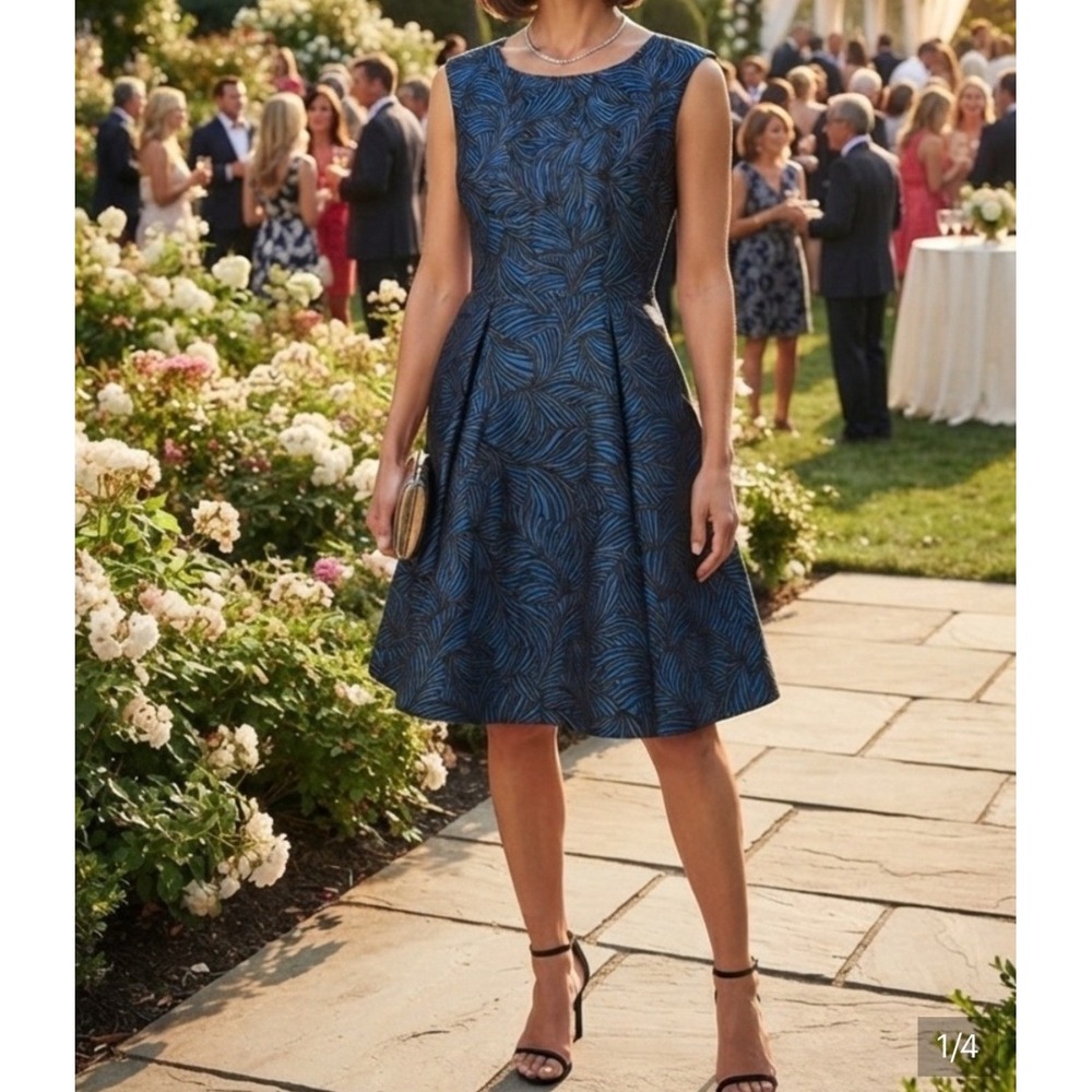 Anne Klein Jacquard Boat-Neck Dress Raven Blue Combo Womens Size 16 NWT